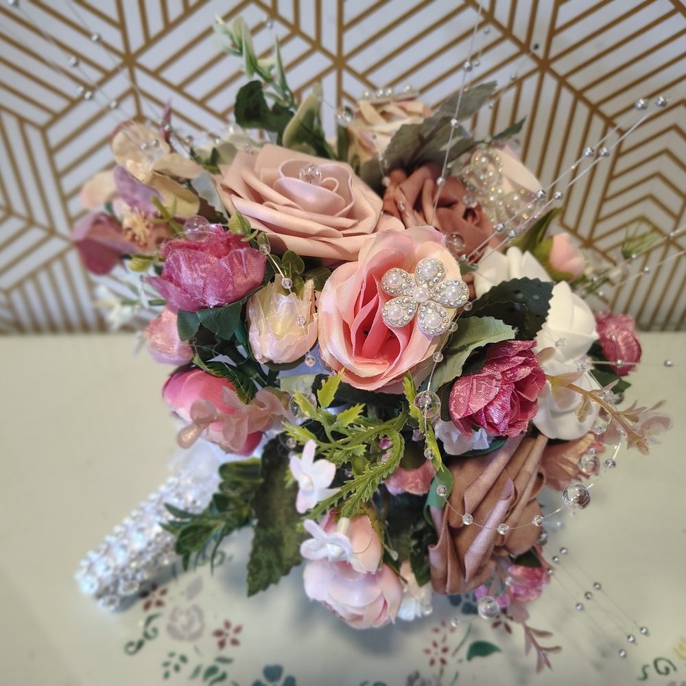 Elegant Pink Mixed Floral Bouquet with Rhinestone Accent